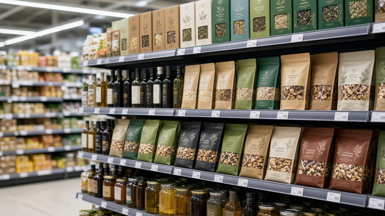 Allée de supermarché — produits alimentaires emballés